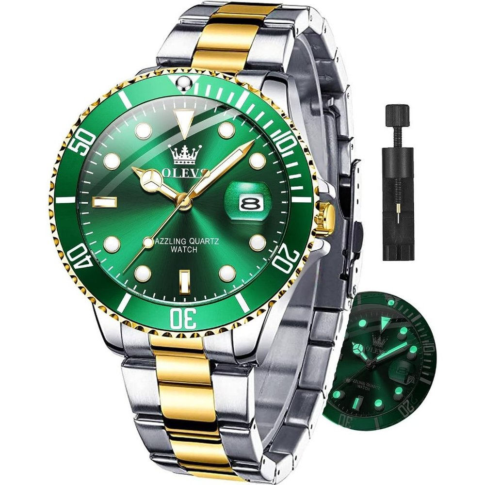 Olevs Men Green Silver Waterproof Luxury Analog Wristwatch